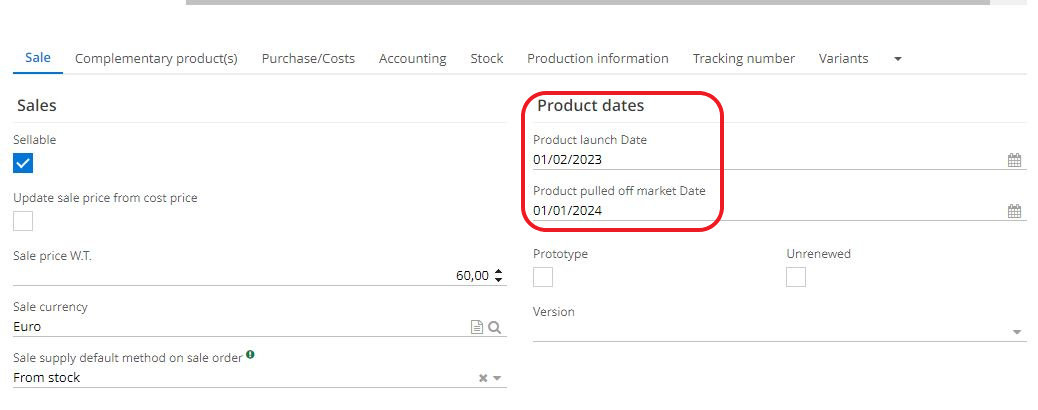 1.1 On the product file, in the Sales tab, enter the dates (the product launch date and the product pulled off market date).